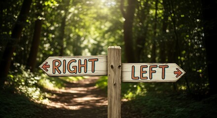 Directional Signpost in Forest - Right or Left Path Choice.