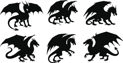 Set of black dragon silhouettes with wings, mythical fantasy creature collection vector illustration, legendary beast artwork, tattoo design, powerful monster