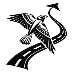 A black and white graphic of a bird flying over a road.