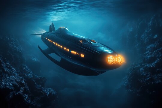 futuristic submarine cruising deep underwater with glowing lights