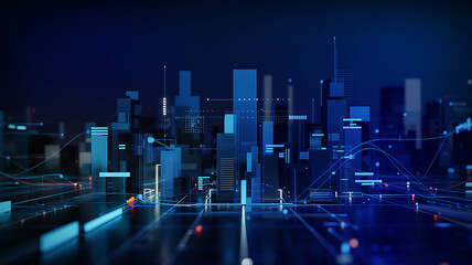 Digital city skyline with interconnected data streams, representing tech innovation, smart cities