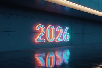 Vibrant neon '2026' illuminated against a dark, modern concrete wall with a wet floor reflecting colorful lights, perfect for future-focused projects and celebrations.