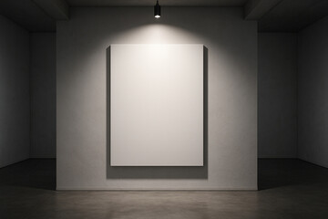 Frameless vertical canvas mockup hanging on a white wall in a minimalist art gallery.