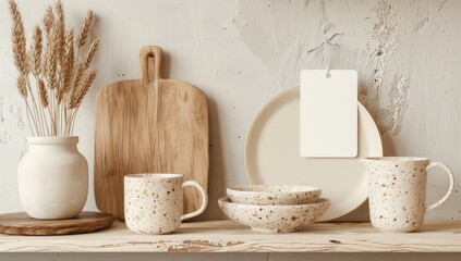 A rustic-chic styled shelf displays speckled mugs, bowls, plates, a wooden cutting board, and a vase of dried wheat.  Neutral tones dominate the image