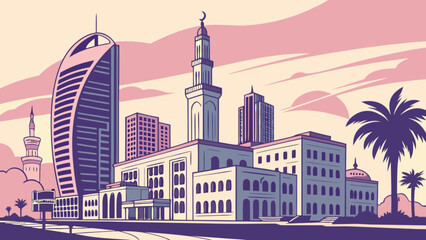 Obraz premium Illustration of dubai skyline with burj al arab and mosque minaret at sunset time