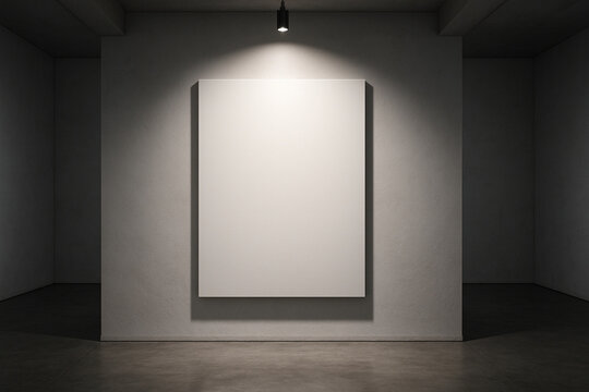 Frameless vertical canvas mockup hanging on a white wall in a minimalist art gallery.