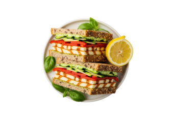 Photorealistic gourmet vegetarian sandwich, grilled halloumi, roasted bell peppers, zucchini, pesto mayo on multi-grain bread, cut diagonally, on white plate with basil and lemon on transparent