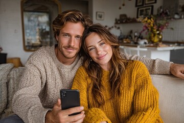 young couple hugging and posting on social media using smartphone while relaxing at home, woman sitting on man's lap