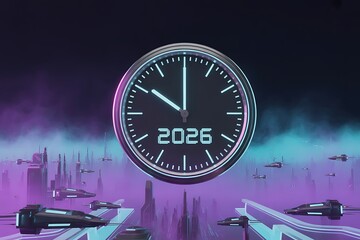 Futuristic cityscape with flying vehicles and a prominent clock displaying the year 2026, symbolizing progress and upcoming innovation.