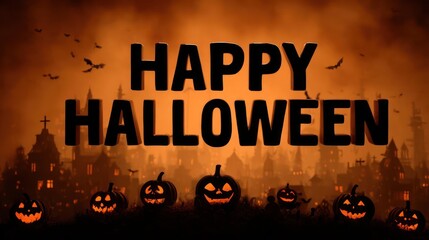 Spooky happy halloween text overlay with carved pumpkins and haunted silhouettes against a textured orange background with bats
