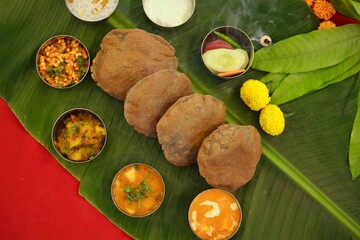 Navratri Upwas Thali  Fasting food platter on banana leaf background