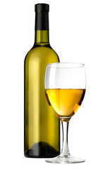 Glass of white wine with bottle on transparent background