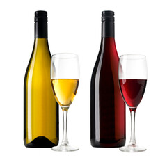 Red and white wine bottles and glasses on transparent background