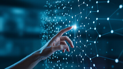 Human hand interacting with digital network, exploring connection and innovative technology