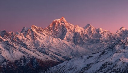 Panoramic view of snow-capped mountains at sunset, displaying a range of peaks with varying heights and textures, bathed in warm, pinkish hues