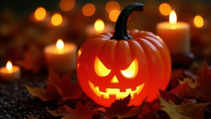 Fototapeta premium Spooky Halloween jack o lantern glowing among autumn leaves and candles. Seasonal background combining fall foliage and halloween atmosphere, ideal for holiday designs.