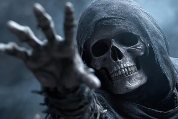 Close up of a terrifying skeletal grim reaper figure with a dark hooded cloak reaching out with bony fingers in a spooky atmosphere