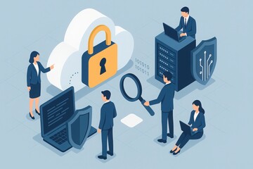 Cybersecurity teamwork isometric illustration with business professionals, cloud padlock, servers, and shield emphasizing data protection and secure technology
