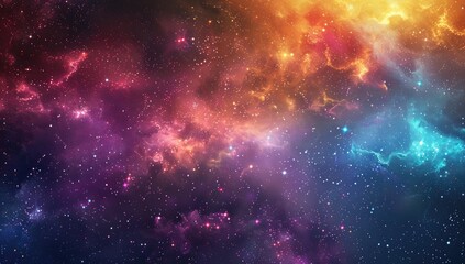 A vibrant nebula with swirling clouds of red, orange, purple, and blue gas, interspersed with countless stars of varying brightness, creating a cosmic landscape of intense color and depth