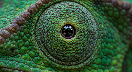 Extreme close up macro shot of a vibrant green chameleon eye showing intricate skin texture and reflective pupil