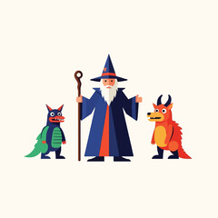 Wizard with two dragons, cartoon illustration, fantasy characters.