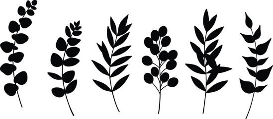 Botanical leaves vector set, minimal silhouette foliage design, eucalyptus and branches collection, black nature elements for decoration, tattoo, logo, art