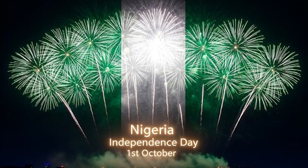 Nigeria Independence Day Fireworks Display: Green and White Explosions.