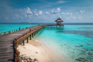 A wooden pier extends from a sandy beach into a vibrant turquoise ocean, culminating in a gazebo-like structure.  The clear water reveals a shallow seabed
