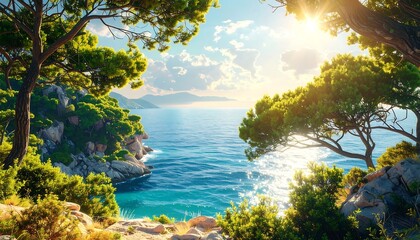 Sunny Mediterranean Coastal View Framed by Lush Green Pine Trees.