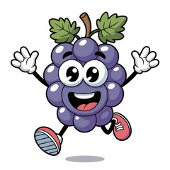 A fun cartoon grape mascot with a big smile, jumping happily in the sky.
