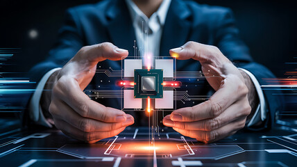 Hands cradling futuristic CPU chip with glowing digital connections, technology concept