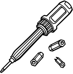 Isolated 3D render of a set of metallic screwdrivers and bits on a white background, essential equipment for industry and repair work