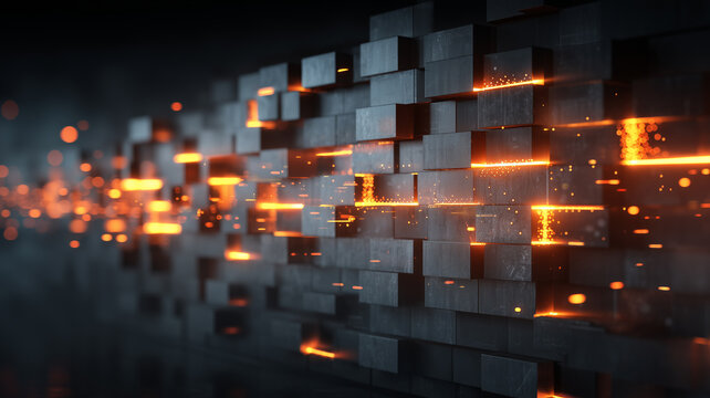 Abstract firewall wall with glowing edges, digital security, futuristic technology, dark background, orange light, cyber protection