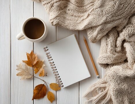 Flatlay of a cozy autumn scene featuring a coffee mug, blank notepad, pencil, autumn leaves, and a knitted throw on a white wooden surface - Powered by Adobe