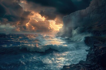 Dramatic seascape at sunset, featuring turbulent waves crashing against dark cliffs under a stormy, yet vibrant sky