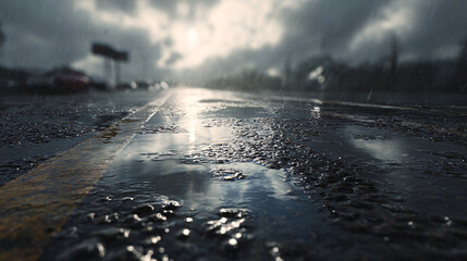 moody urban street covered in thin puddles, smooth wet asphalt reflecting cloudy sky, minimalist stormy day setting with lots of blank space