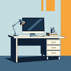 A modern office desk with a computer, lamp, and stationery, minimalist design.