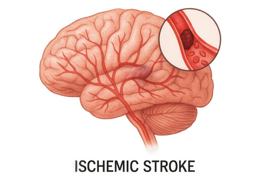 Ischemic stroke showing blood clot blocking artery in human brain, medical illustration on transparent background