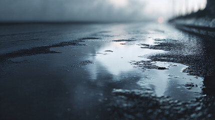 wet empty road surface with soft puddles reflecting dull grey sky, subtle textures and reflections, minimalist rainy atmosphere with ample negative space
