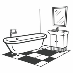 Black and white illustration of bathroom with clawfoot bathtub and vanity
