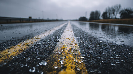 wide view of damp asphalt road with rainwater reflections and overcast tone, clean desaturated mood, minimalist wet weather background with negative space