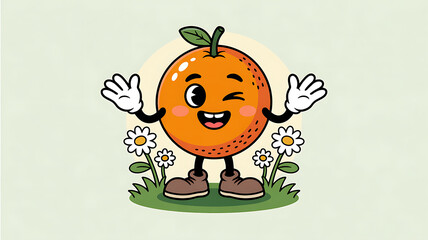 A playful cartoon orange with a winking face and open arms is standing in a field of daisies.