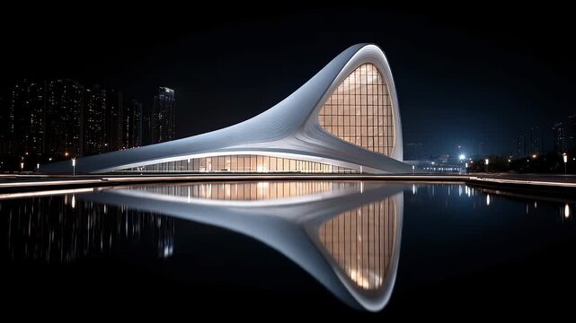 Streamlined Architecture and Water Reflection Intertwined at Night
