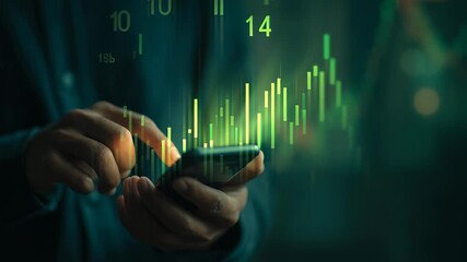 Smart Investment: A close-up view captures a person's hands engrossed with a smartphone, visualizing real-time financial data through vibrant, glowing graphics. - Powered by Adobe
