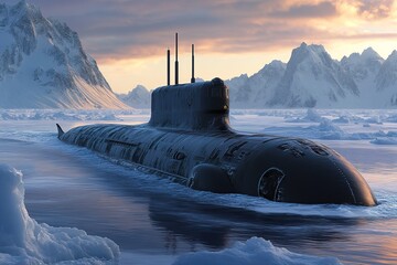 submarine with armored hull breaking through ocean ice