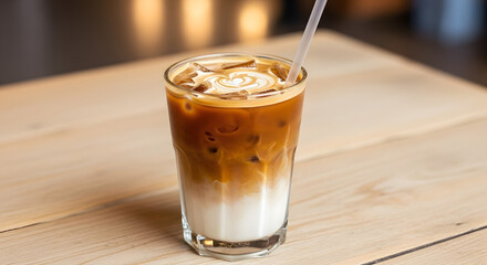 A refreshing glass of layered iced caramel macchiato with a white straw, sitting on a warm wooden table in a cafe with soft light