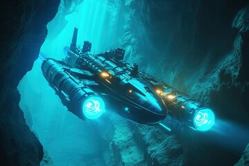 submarine with glowing blue engines exploring underwater cave system