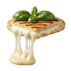 Perfectly cut artisanal panini slice with golden-brown crust, grill marks, and gooey melted cheese cascading, garnished with vibrant basil on transparent. Appetizing food photography concept