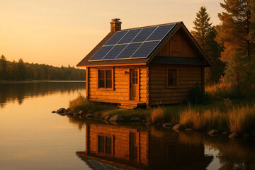 Fototapeta premium Cabin by the Lake at Sunset