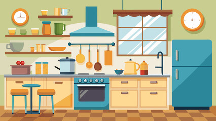 Vector art of cartoon kitchen interior with furniture, appliances, and cooking utensils, creating a cozy and functional space for culinary activities